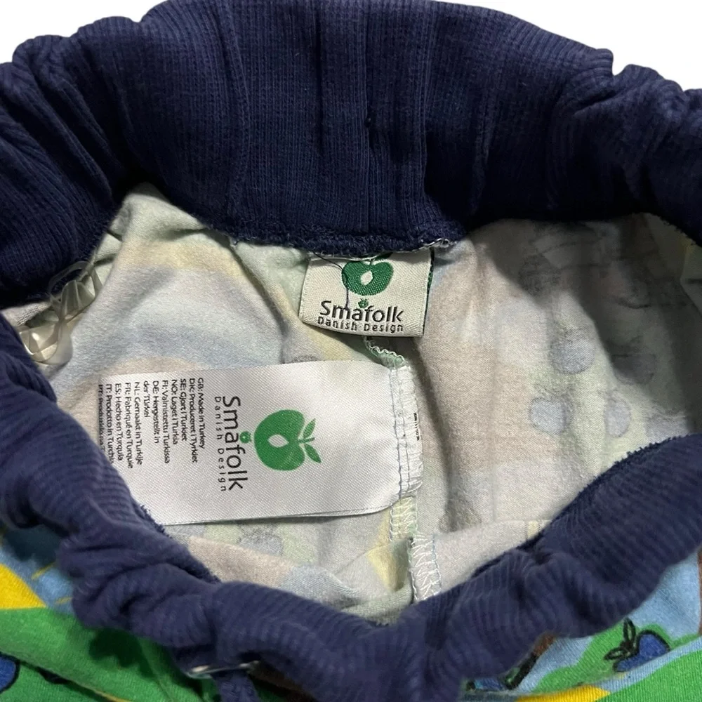 Smafolk 7-8Y Organic Blue Landscape Pants Sunshine Apples Rainbows Fishing